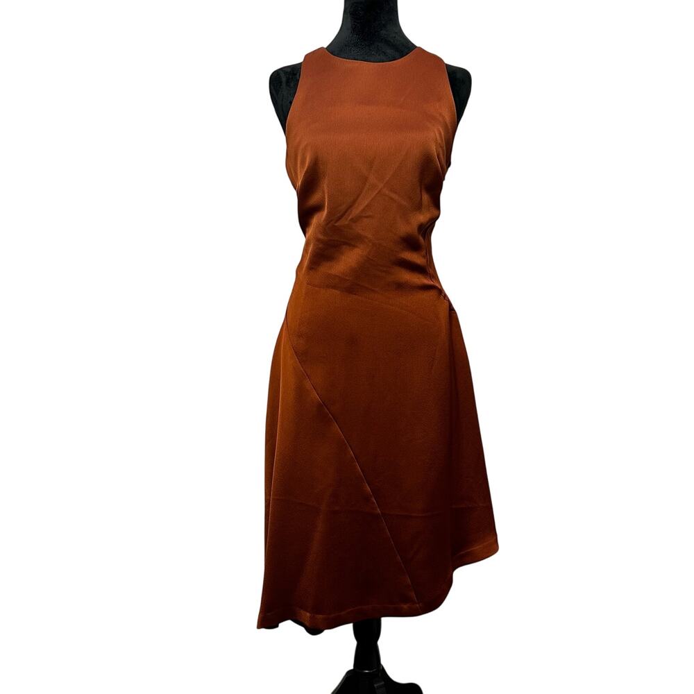 Banana Republic Bias Cut Midi Dress‎ 10 Rust Mesquite Wood UEC Asymmetric Hem - Picture 2 of 10